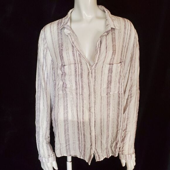 Anthropologie Cloth & Stone White Striped Long Sleeve Button Down Top (L) - Picture 2 of 5